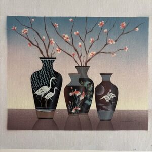 Airbrushed Canvas Art Asian Vases Cranes Blossoms 80s Signed‎ 13.75x11.5